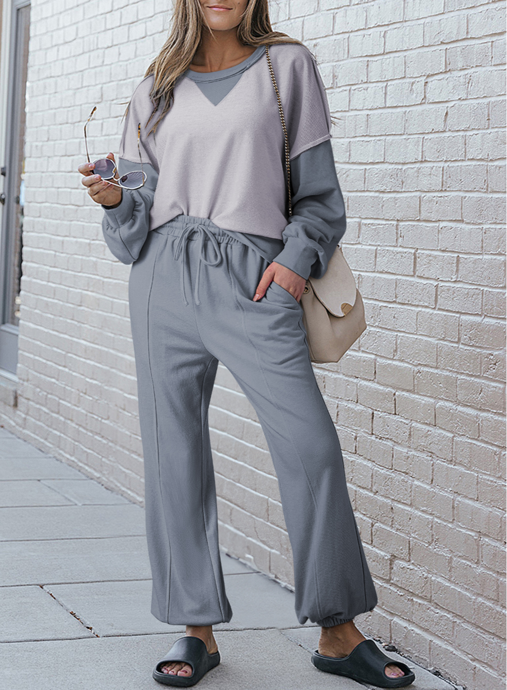 Contrast Patchwork Pullover and Drawstring Joggers Set