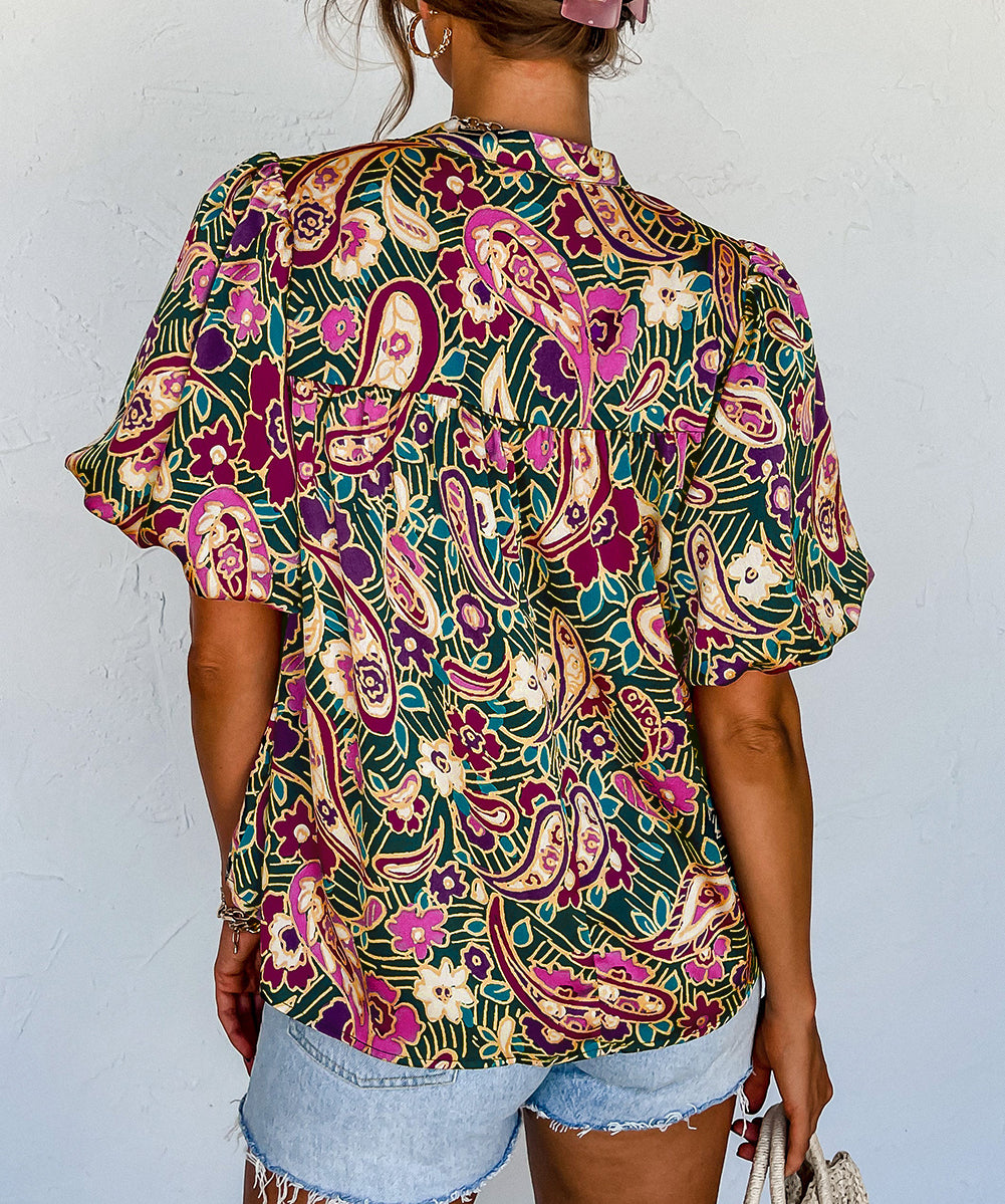 V Neck Short Bubble Sleeve Paisley Blouse
