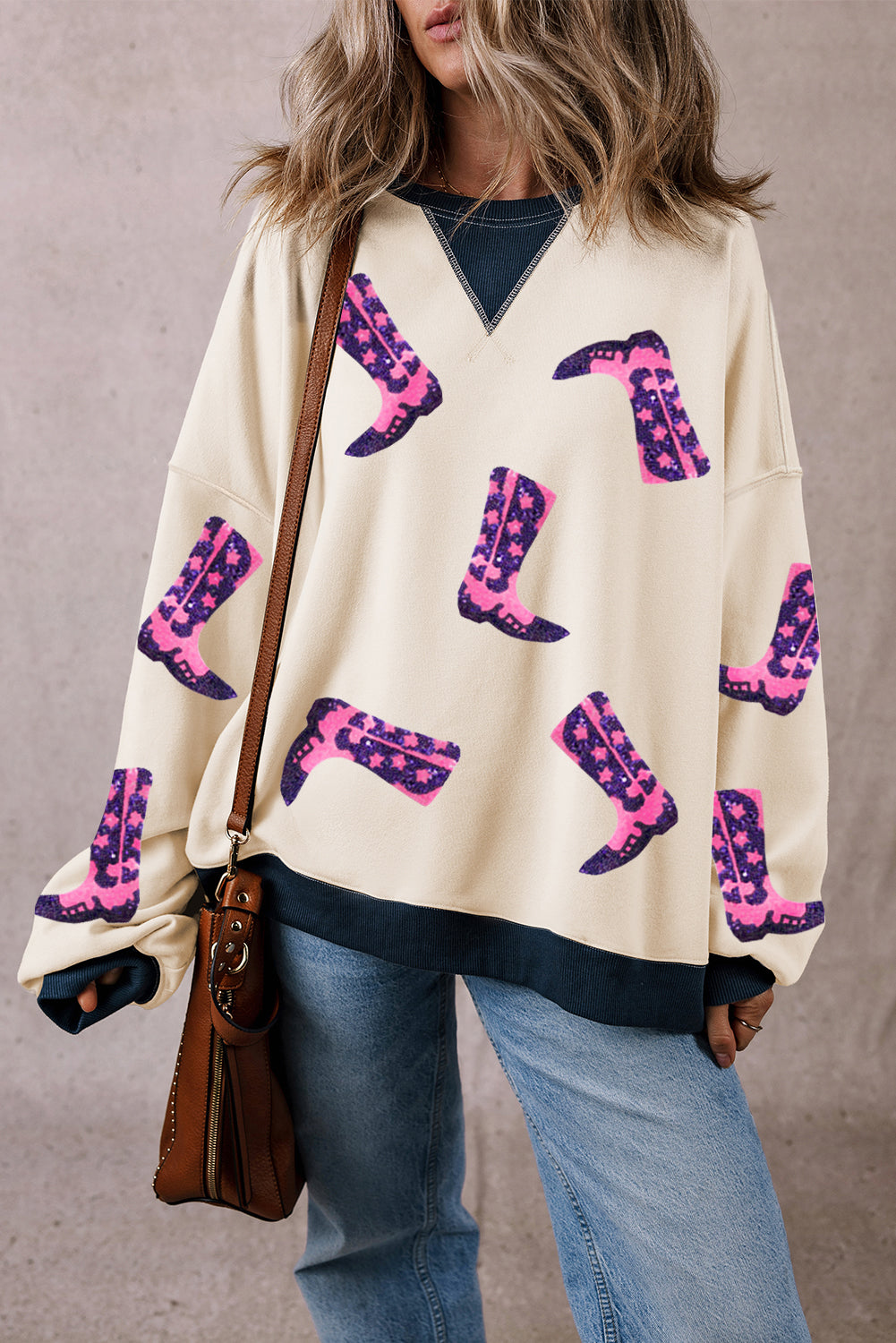 Western Boots Colorblock Patchwork Sweatshirt