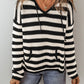 Stripe V Neck Pocketed Drawstring Hooded Sweater