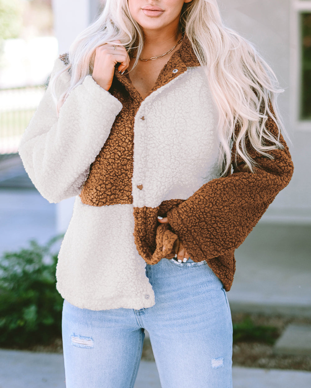 Color Block Sherpa Button Up Jacket