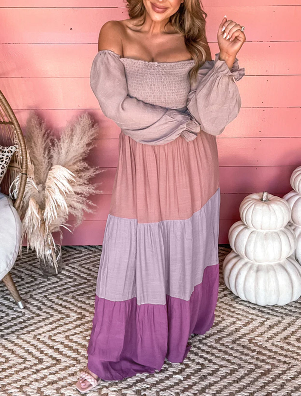 Smocked Bubble Sleeve Colorblock Tiered Maxi Dress