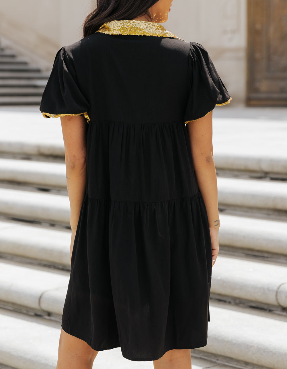 Sequin Trim Bubble Sleeve Game Day Shirt Dress