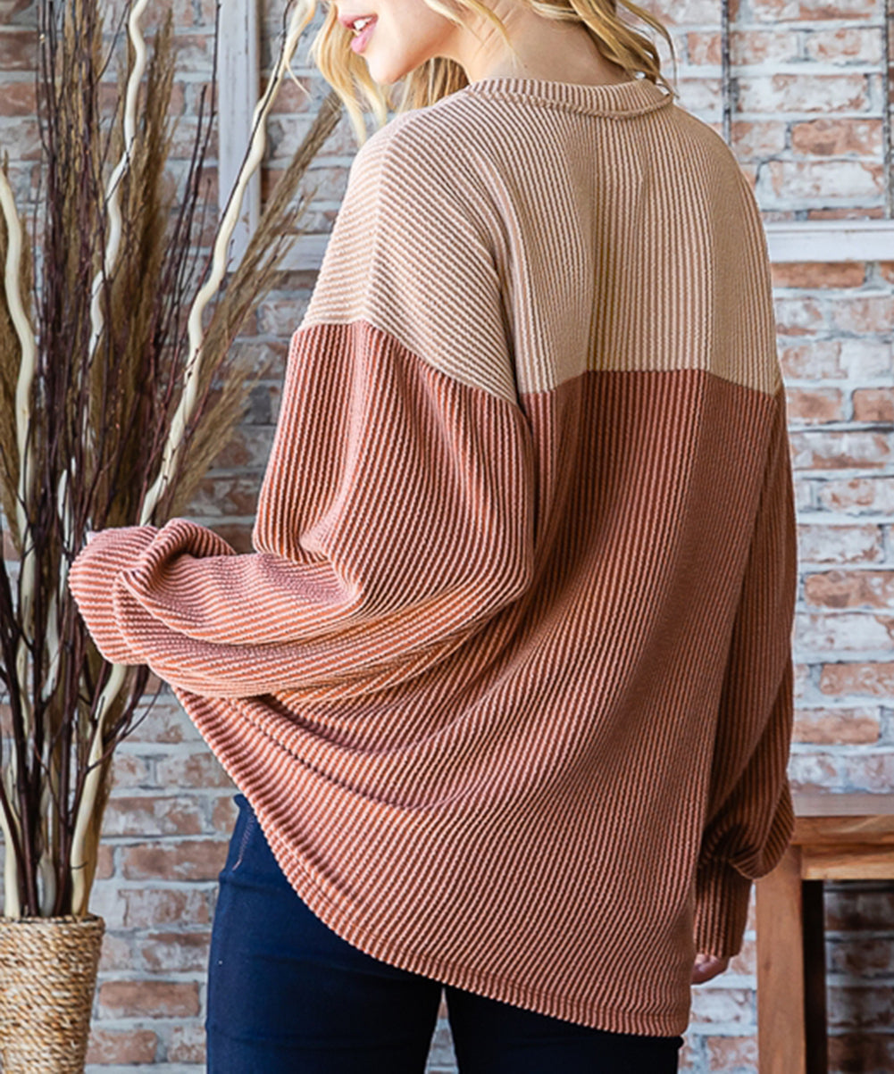 Floral Contrast Colorblock Ribbed Top