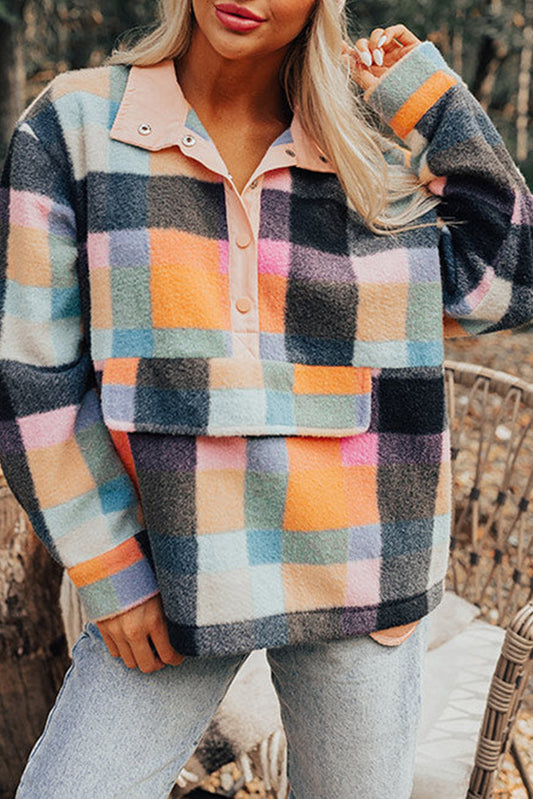 Plaid Print Pocketed Half Button Collared Sweatshirt