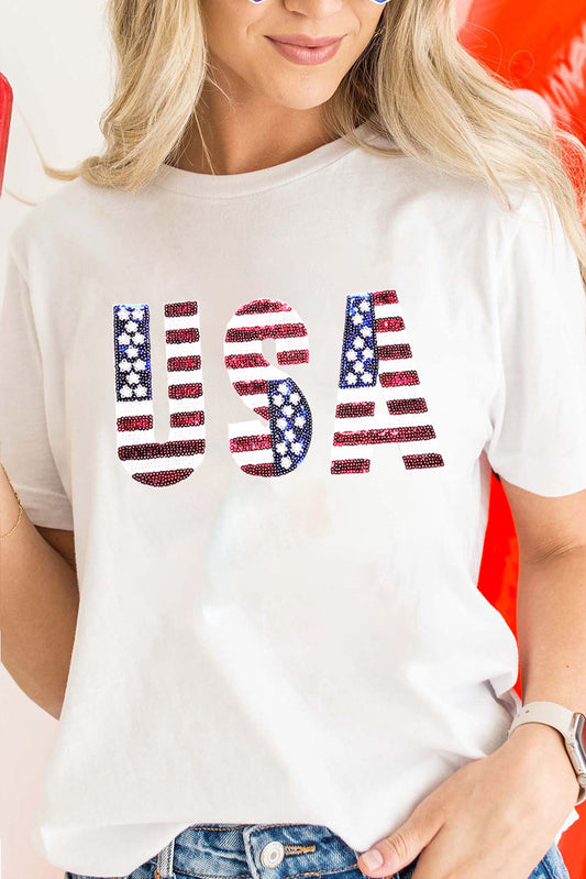 USA Flag Sequin Patched Round Neck T Shirt