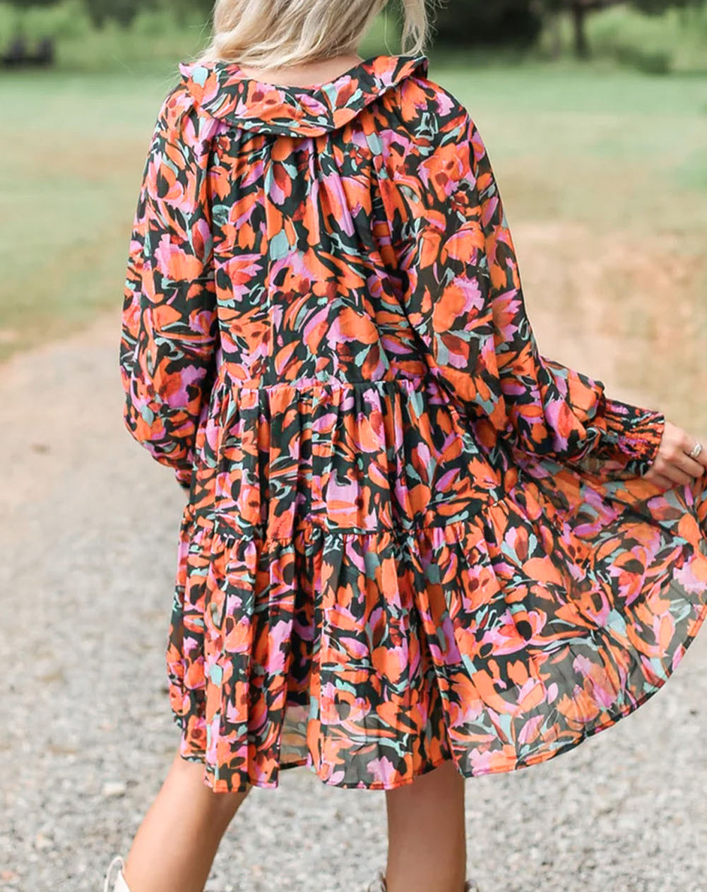 Floral Smocked Bishop Sleeve Tassel Mini Dress