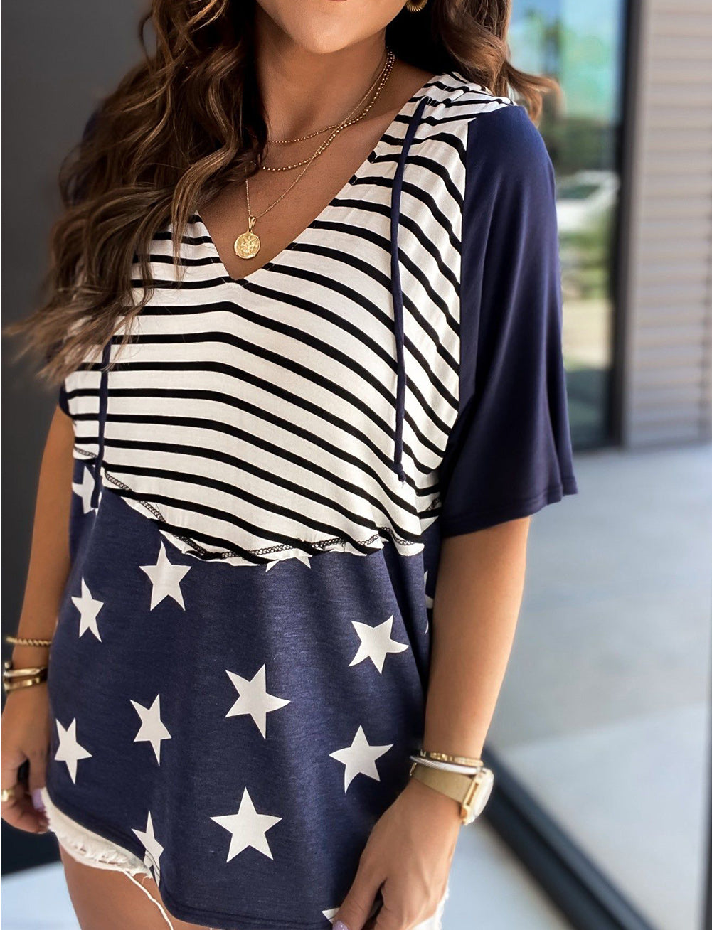 Stars and Stripes Print Drawstring Hooded T Shirt