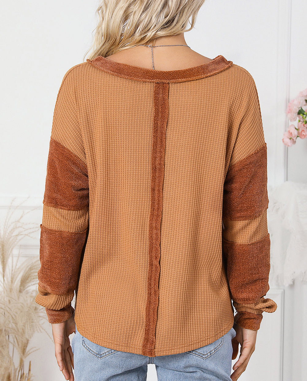 Contrast Patched Exposed Seam Waffle Knit Henley Top