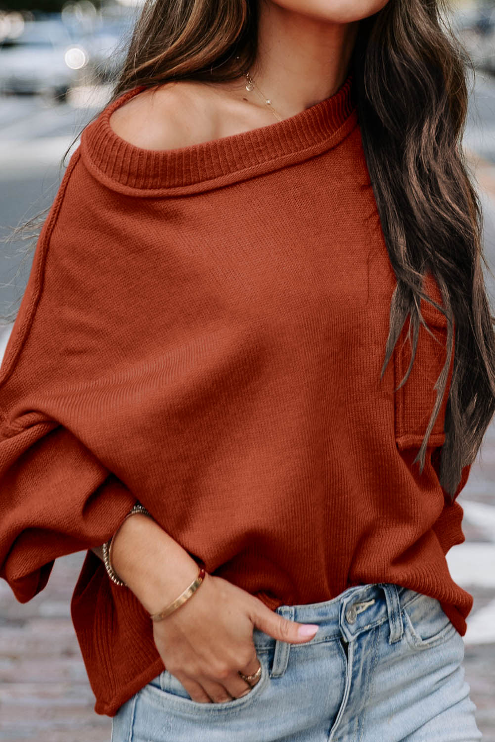 Raw Edge Patch Pocket Exposed Seam Loose Sweater