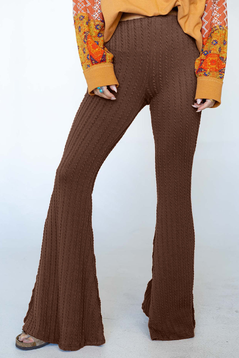 Textured Knit Mid Waist Flare Pants