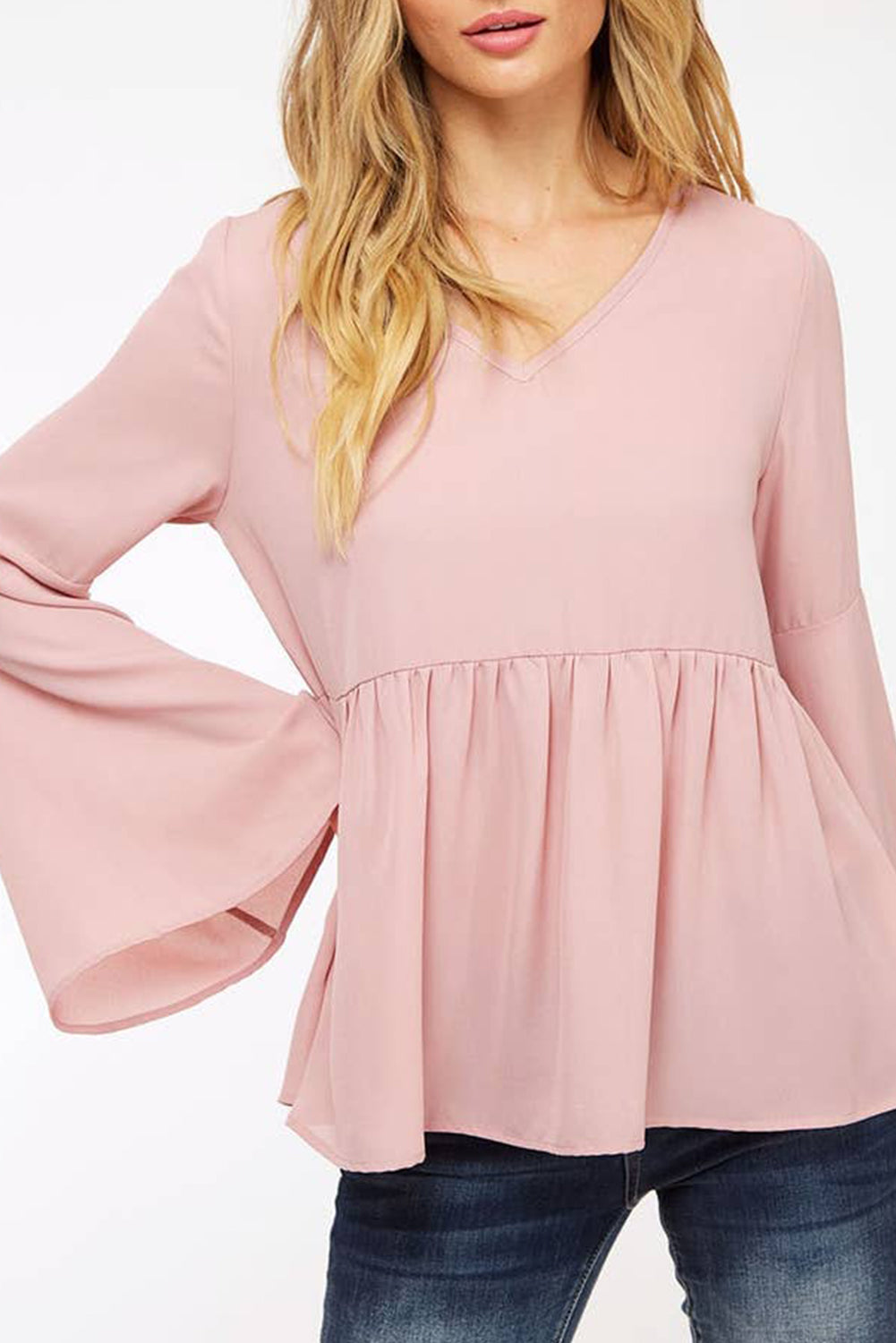 V-Neck Bell Sleeve Back-Tie Ruffled Blouse