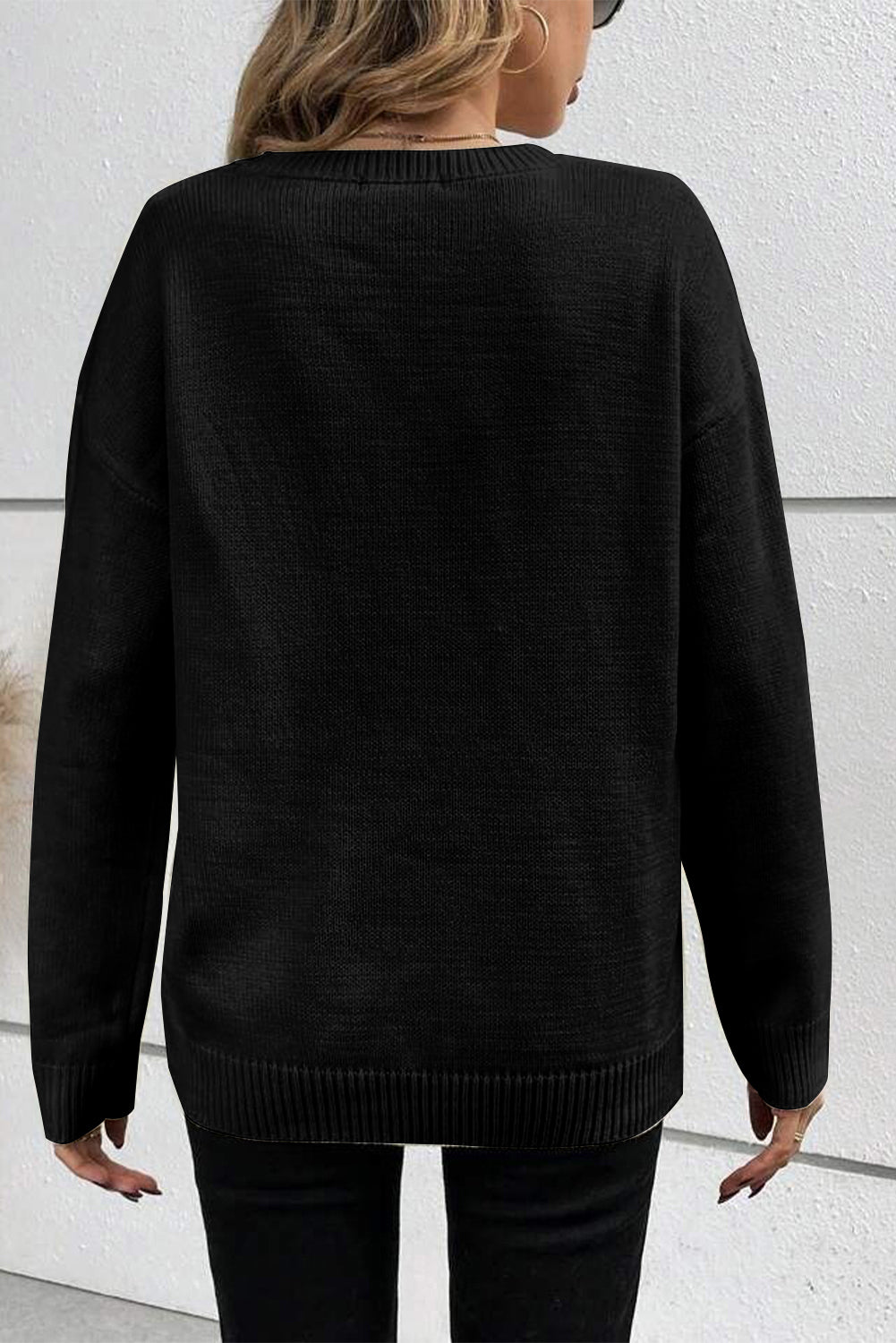 Knitted Pattern Ribbed Edge Drop Shoulder Sweater