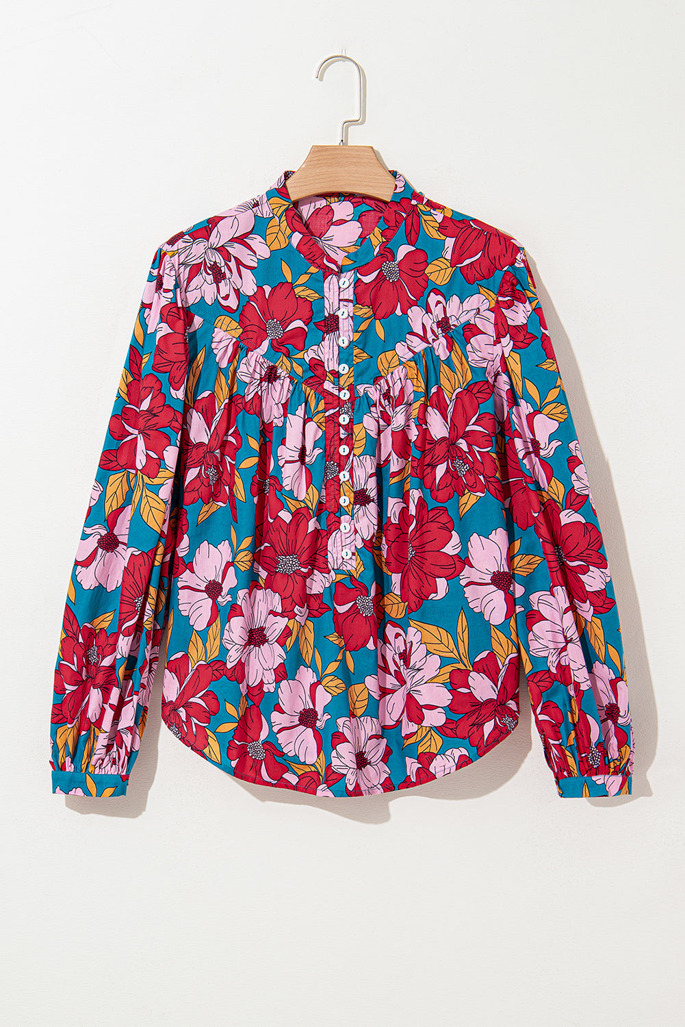 Floral Printed Balloon Sleeve Half Buttons Blouse