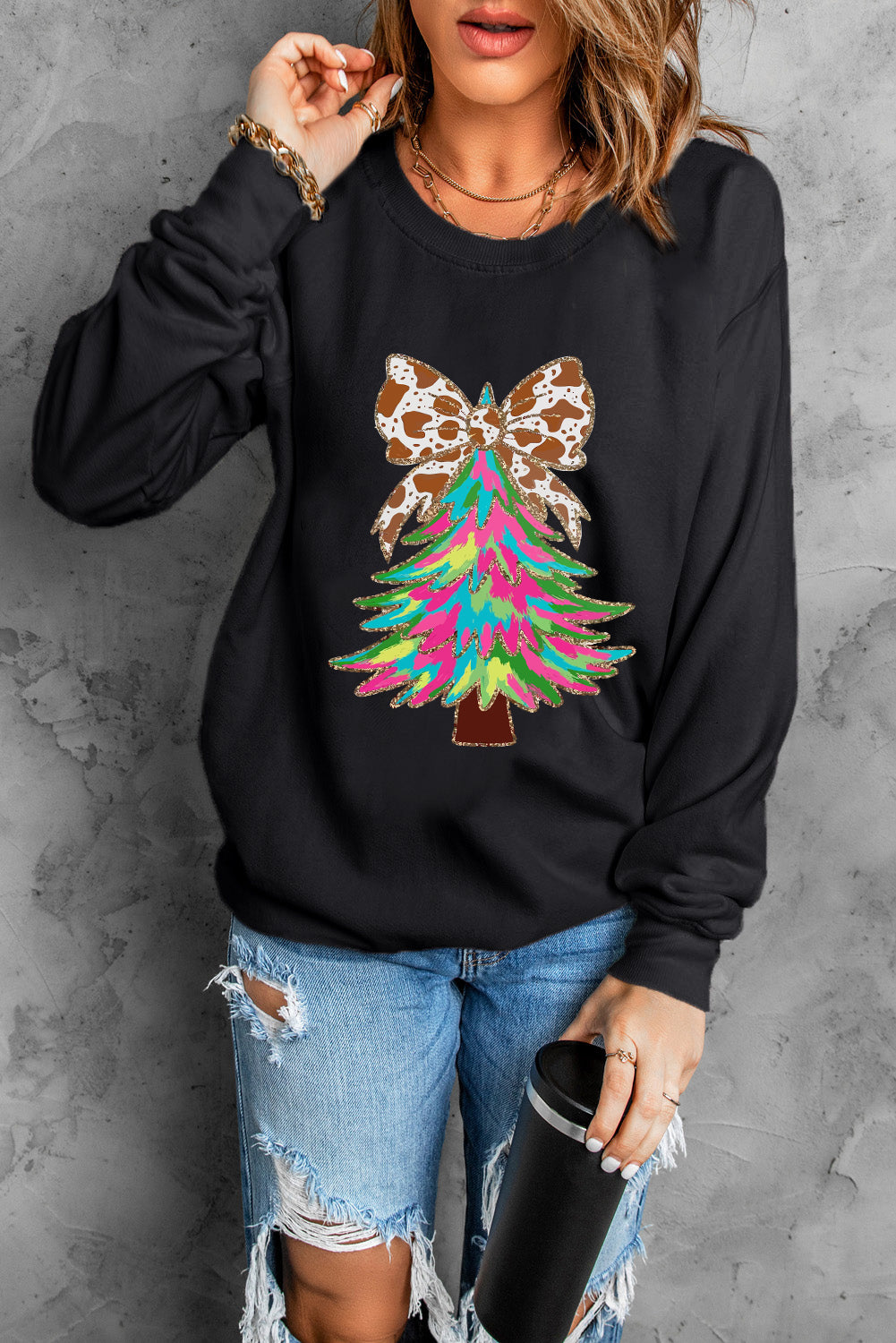 Bowknot Christmas Tree Shiny Graphic Sweatshirt