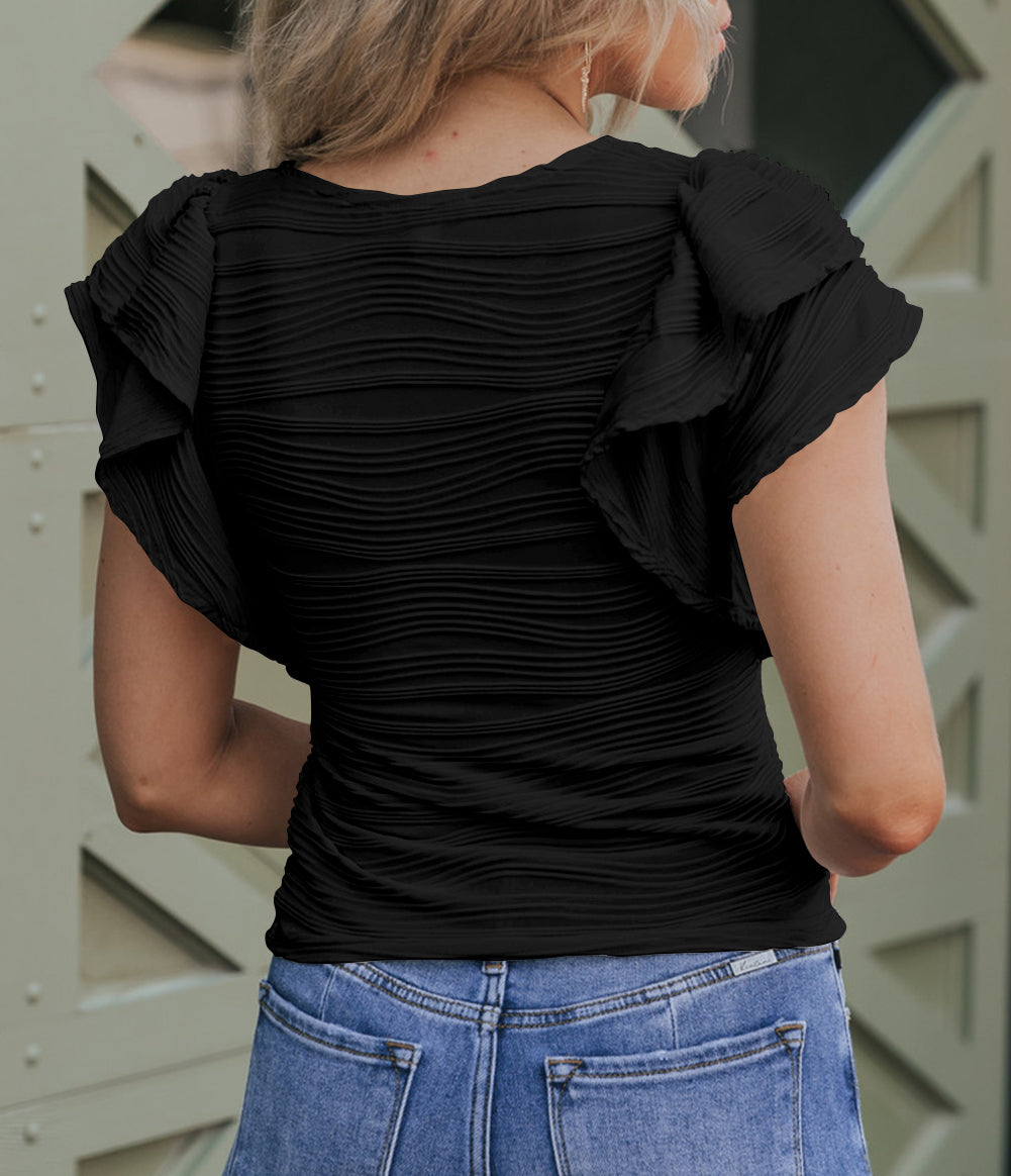 Wavy Textured Ruffle Sleeve Top