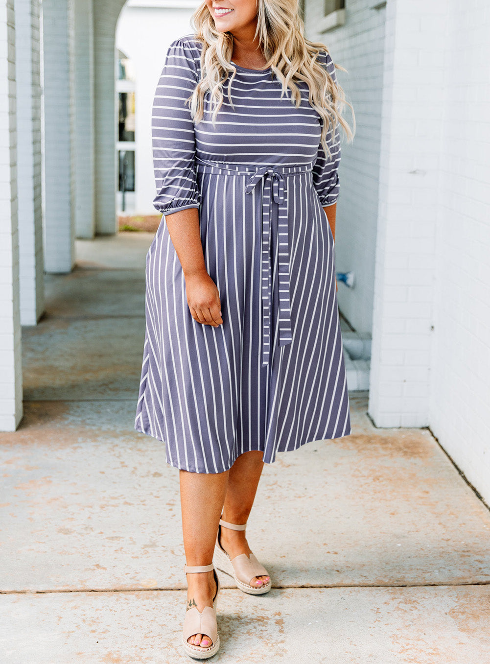 Striped Tie Waist 3/4 Sleeve Plus Size Dress