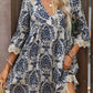 Vintage Printed Lace Trim V Neck 3/4 Sleeve Loose Dress