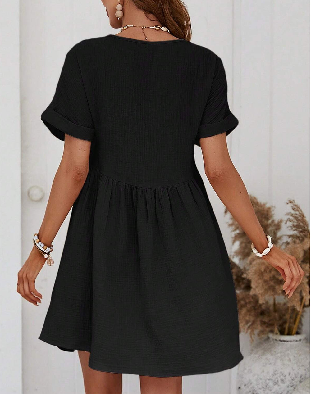 Folded Short Sleeve Lace V Neck Mini Dress
