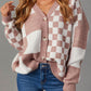Mix Checkered Button V Neck Knitted Cardigan