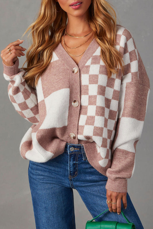 Mix Checkered Button V Neck Knitted Cardigan