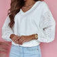 V-neck Embroidered Patchwork Puff Sleeve Blouse