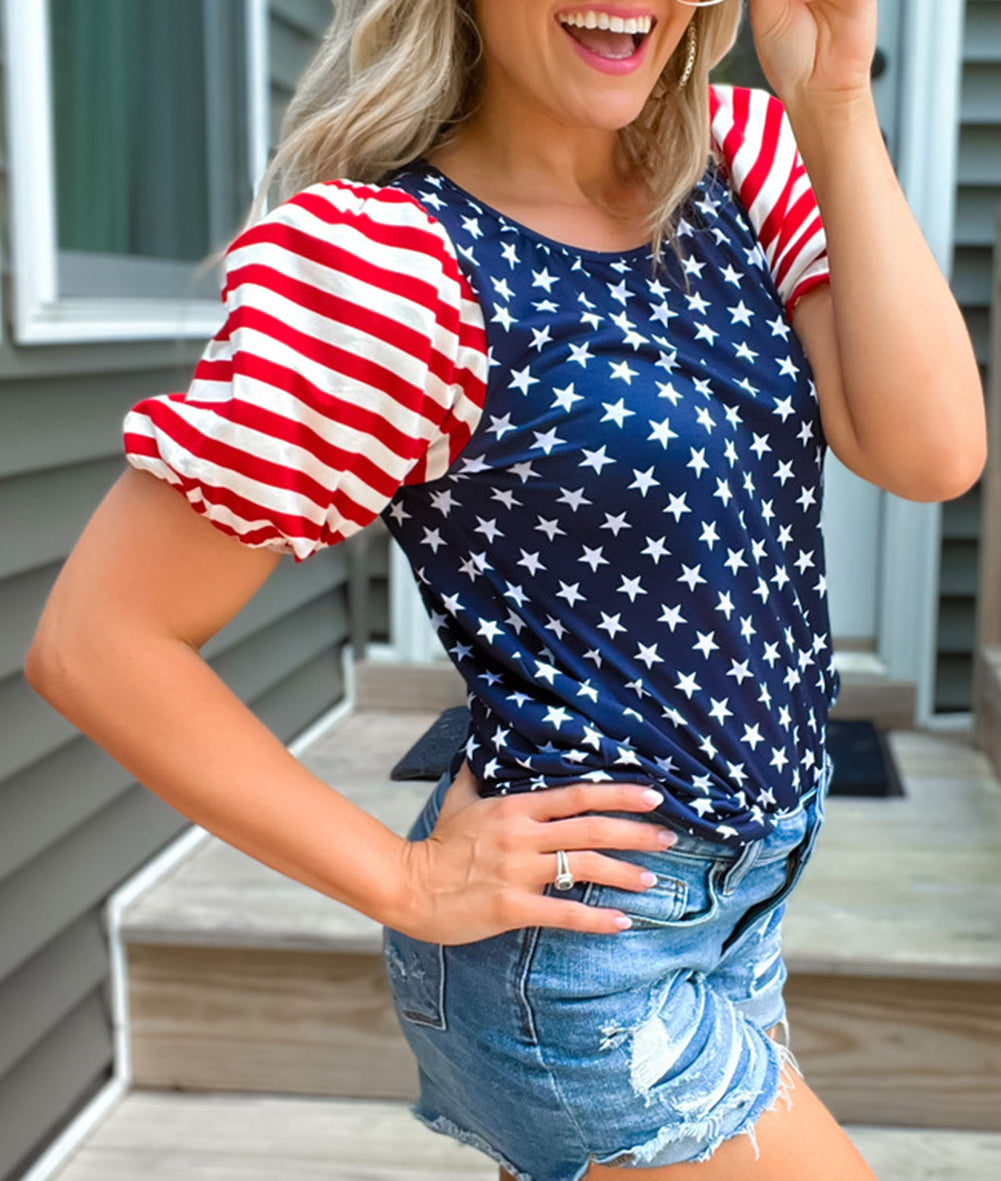 4th Of July Stars Stripes Puff Sleeve T Shirt