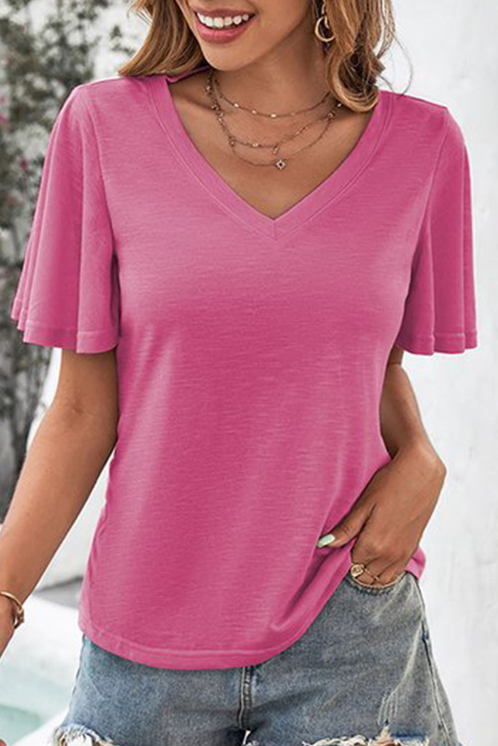 Pink Bell Sleeve V-Neck Top