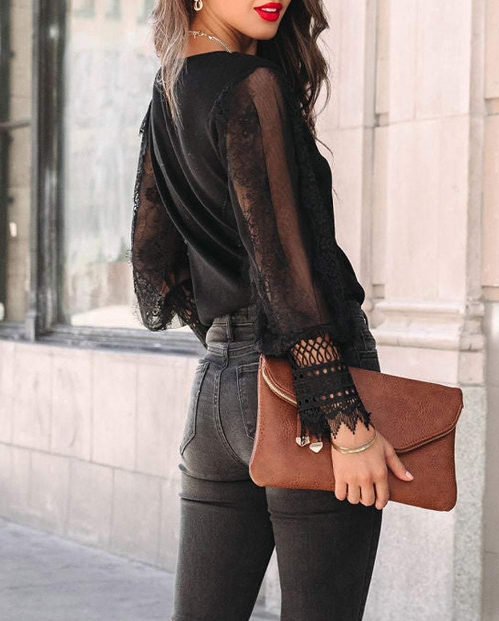Black Sheer Lace Mesh Bishop Sleeve Top