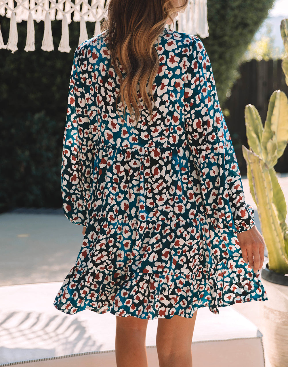 Leopard Print Bubble Sleeve Ruffled Shirt Dress