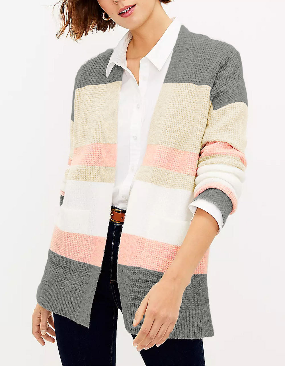 Color Block Striped Pocketed Open Cardigan