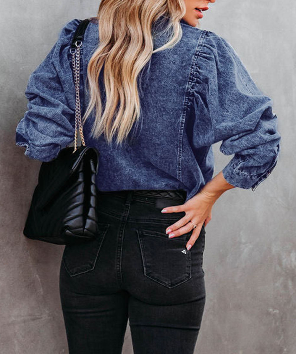 Puff Sleeve Button-Up Denim Jacket