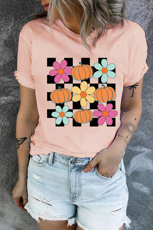 Checkered Floral Pumpkin Graphic Tee