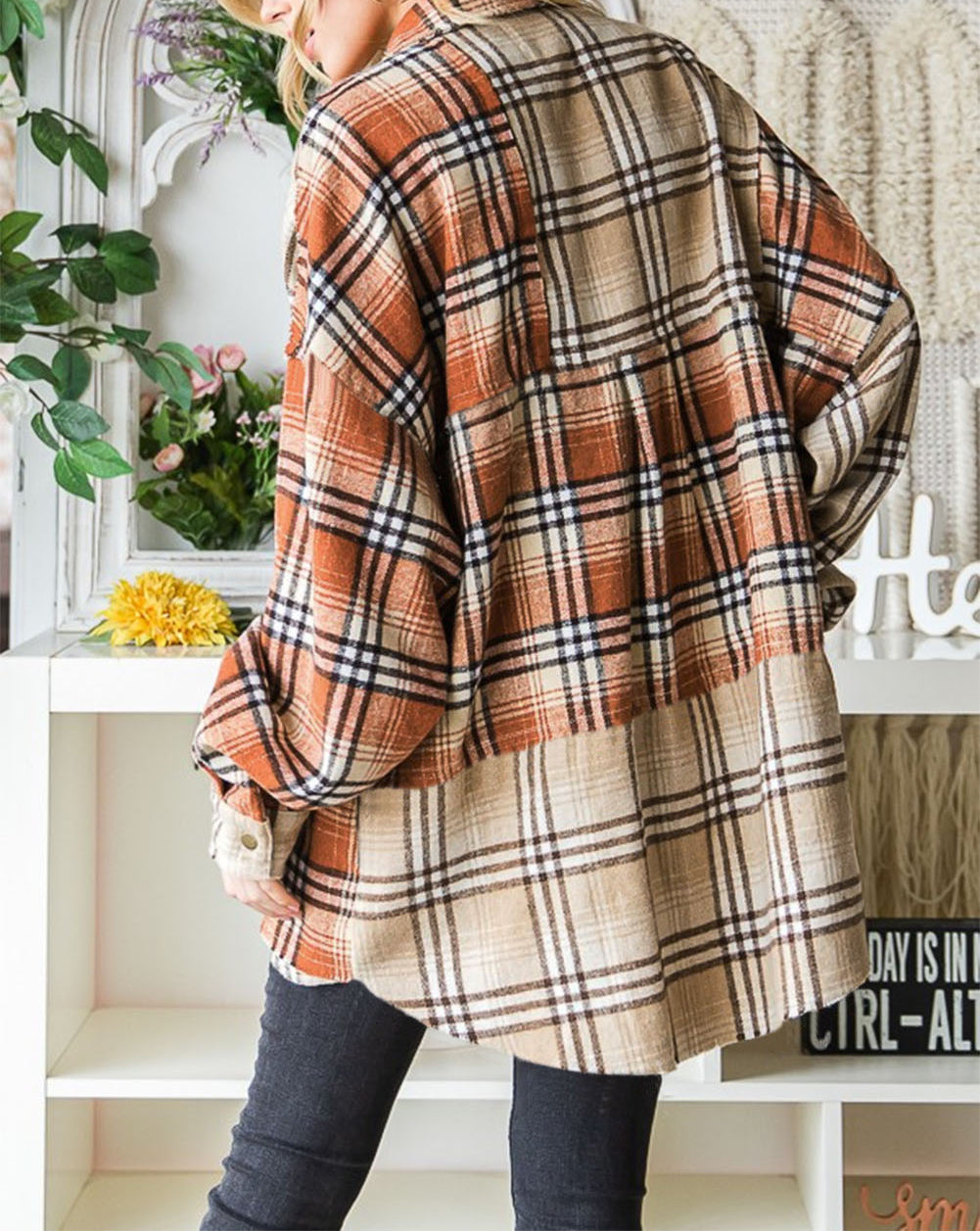 Contrast Plaid Patchwork Chest Pocket Shacket