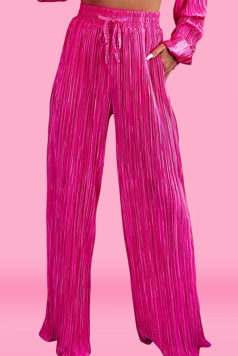 Pleated Long Sleeve Shirt and Wide-Leg Pants Set