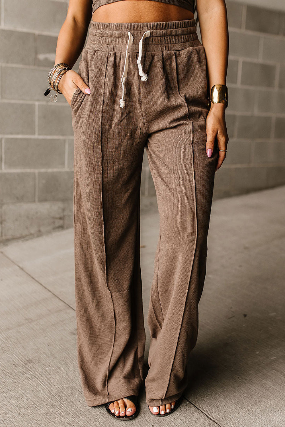 Drawstring High Waist Wide Leg Waffle Knit Pants