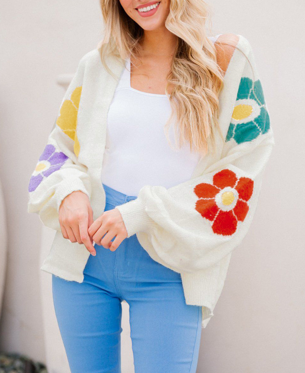 Flower Jacquared Bubble Sleeve Open Cardigan
