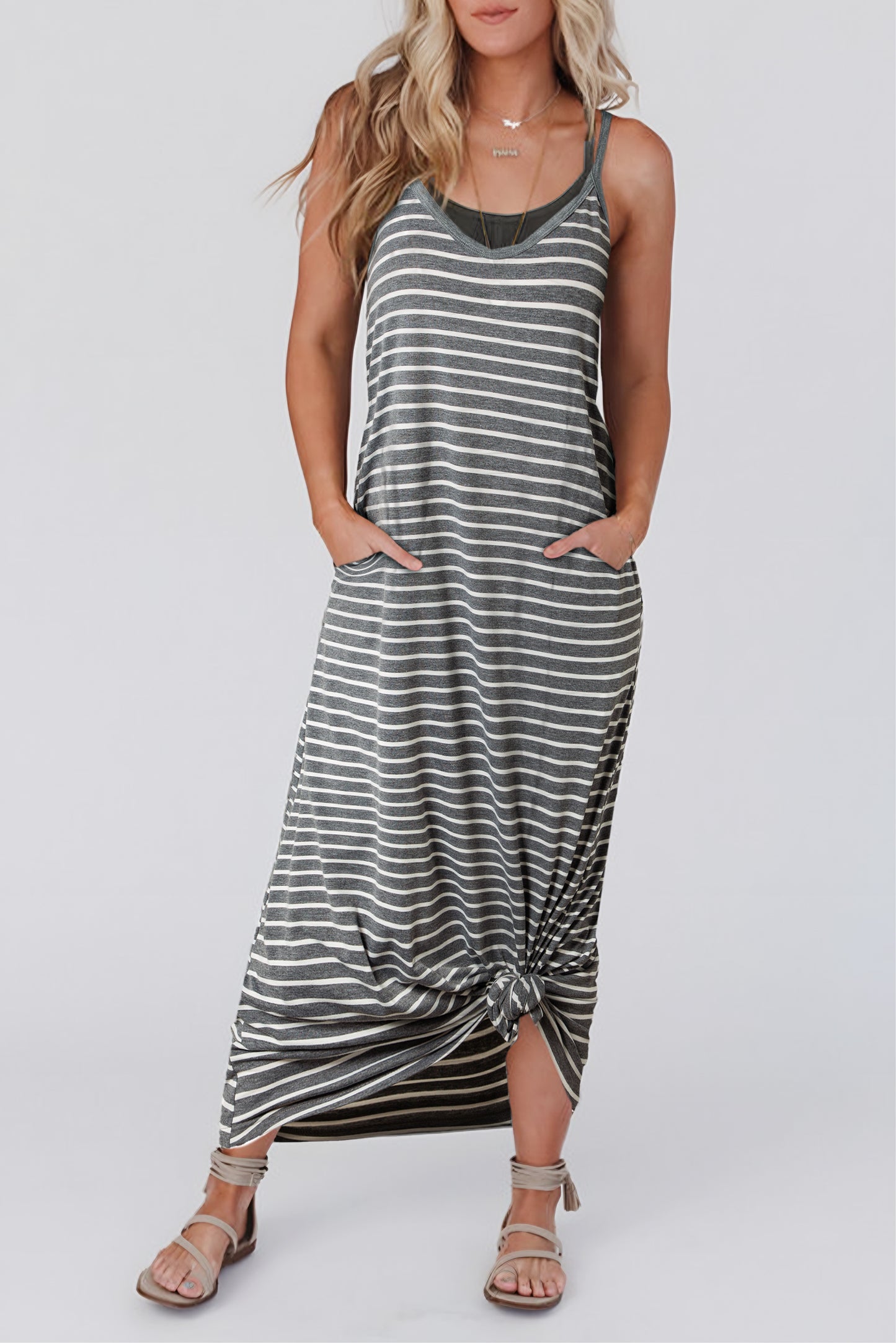 Stripe Side Pockets Spaghetti Straps Maxi Dress