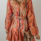 Boho Paisley Print Long Sleeve Pleated Belted Mini Dress