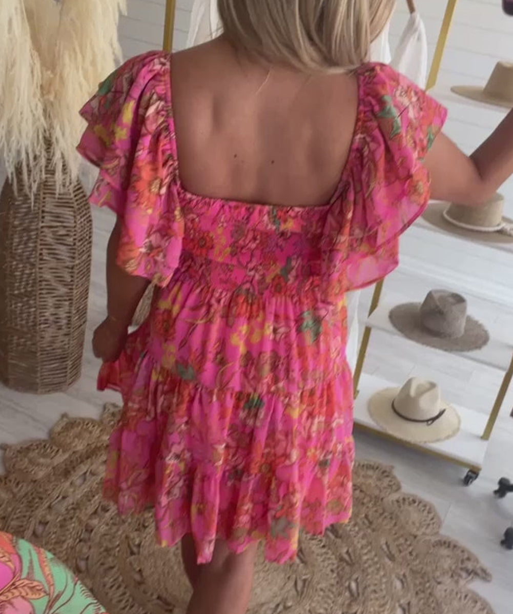 Floral Square Neck Ruffle Sleeve Tiered Dress