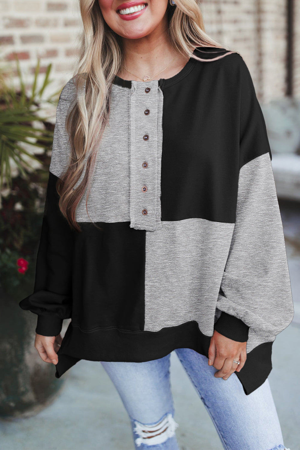 Colorblock Henley High Low Oversize Sweatshirt