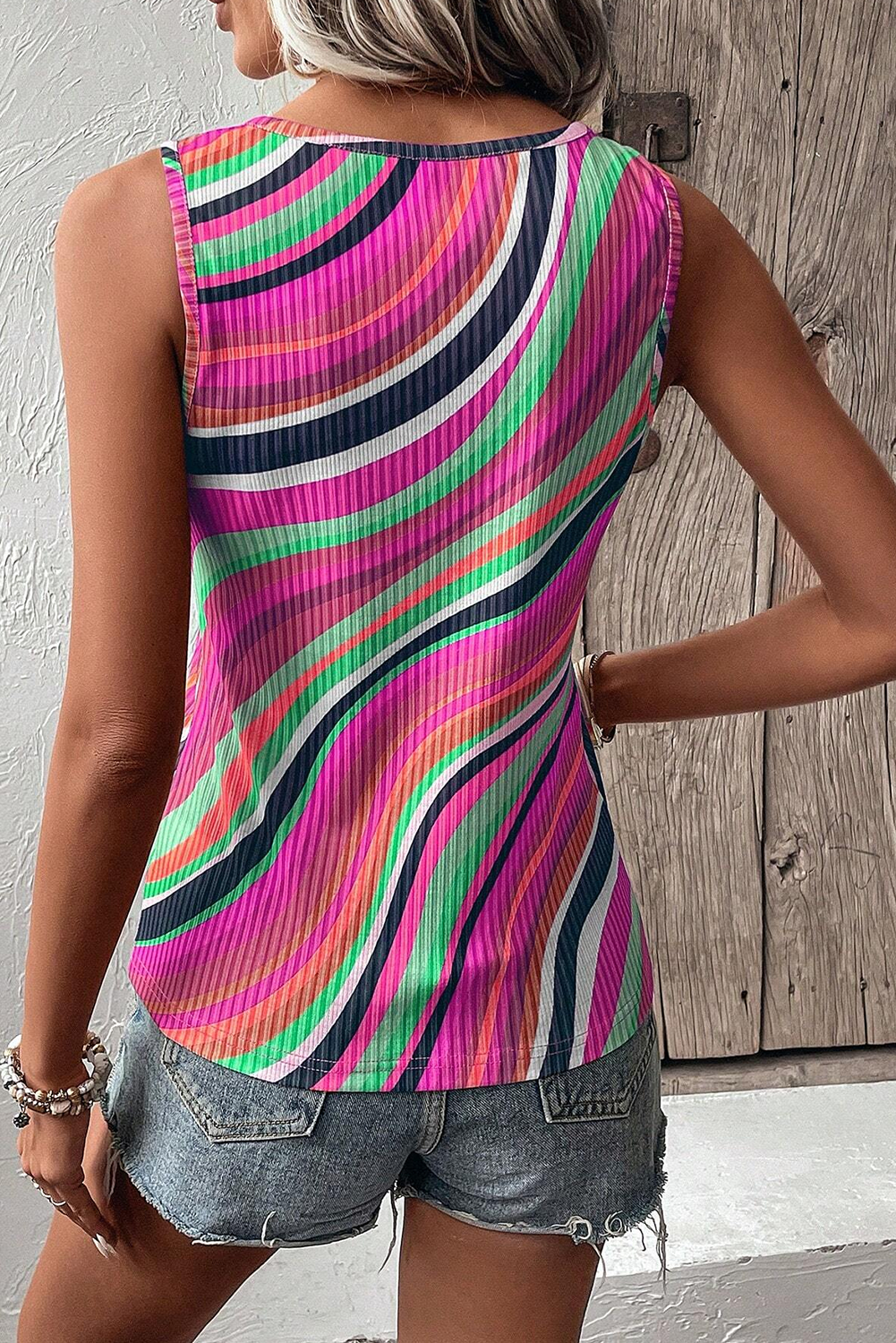 Wavy Striped Buttoned V Neck Tank Top