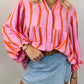 Stripe Crinckled Ruffled Sleeve Button up Loose Shirt