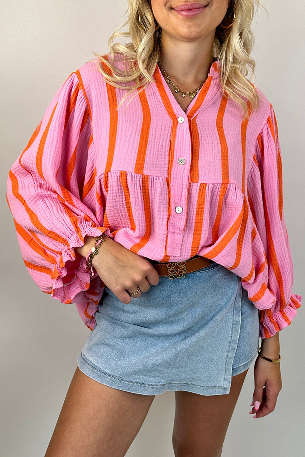 Stripe Crinckled Ruffled Sleeve Button up Loose Shirt