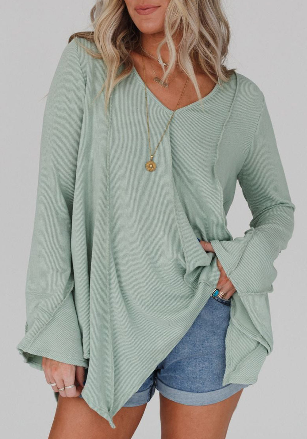 Ribbed Expose Seam Bell Sleeve Top