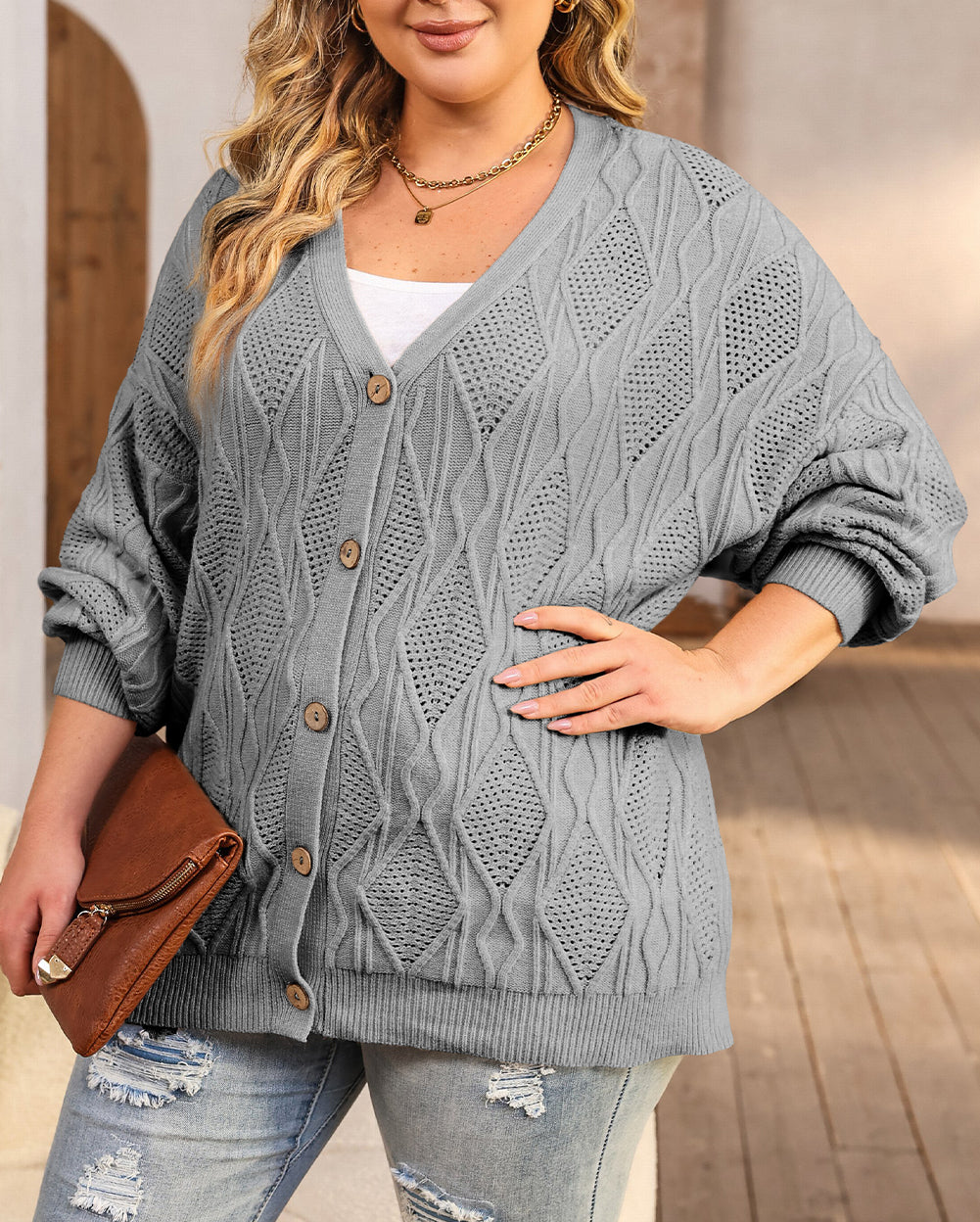 Plus Size Knitted Hollow out Button up Cardigan