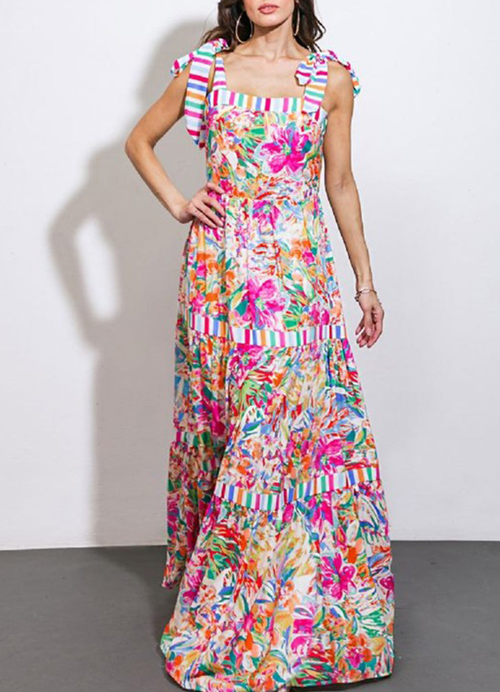 Striped Trim Self-tie Straps Floral Maxi Dress