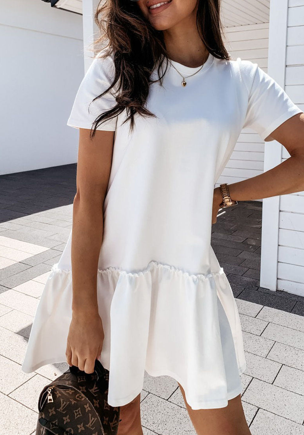 Frilly Splicing Hem Short Sleeve Casual Dress