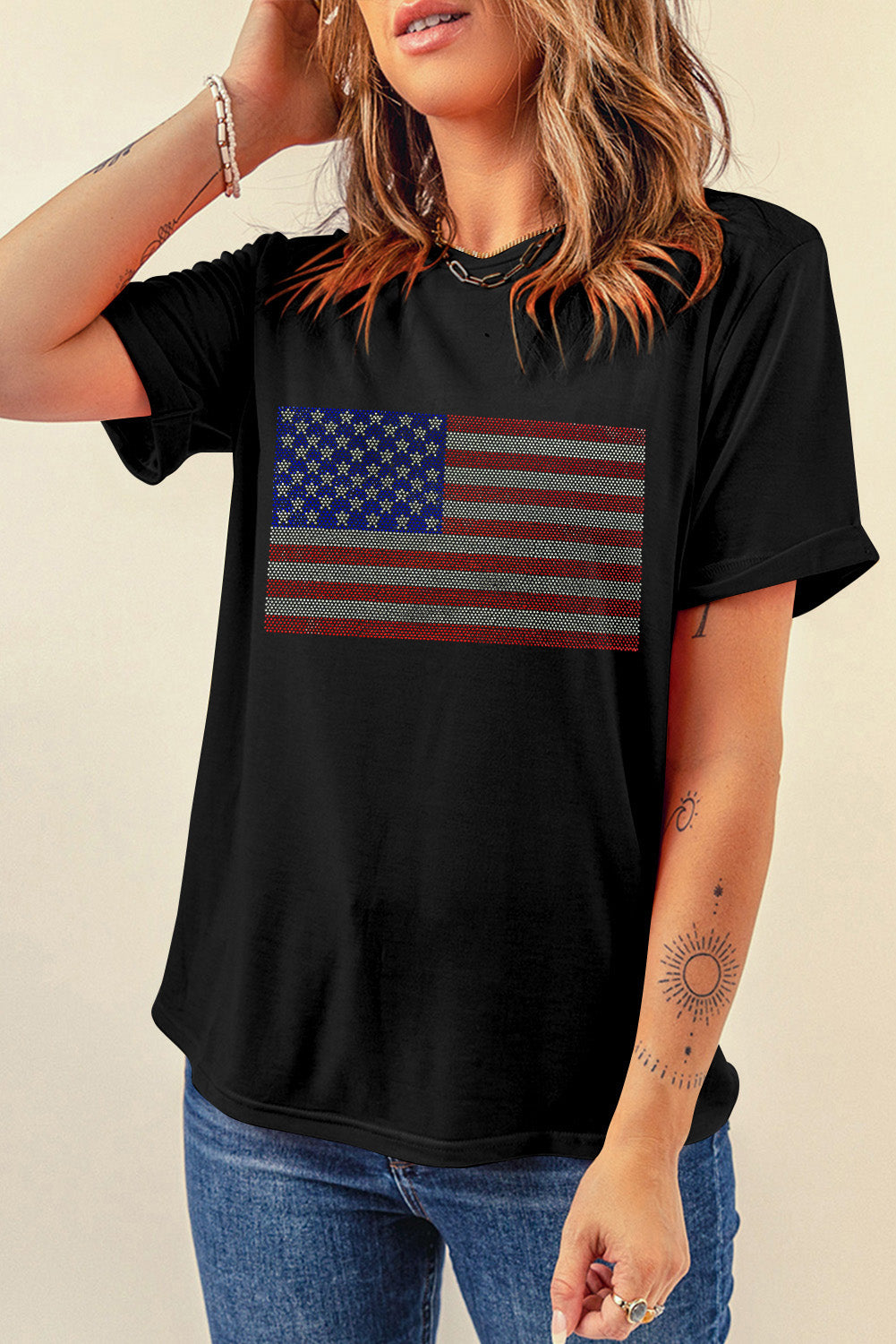 Rhinestone American Flag Round Neck Casual Tee