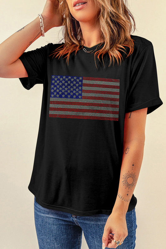Rhinestone American Flag Round Neck Casual Tee